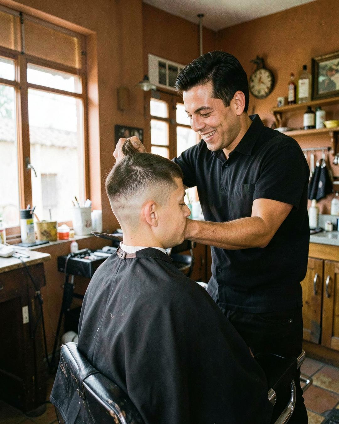 Barbeiro realizando um corte na Barbearia Raspa